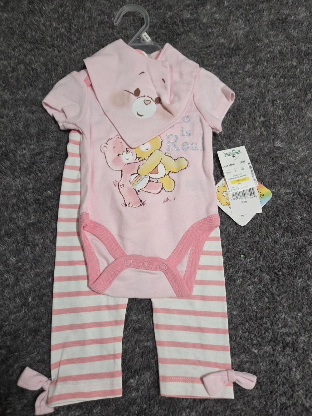 Care Bears Pink Bodysuit Set with Striped Pants and Bib